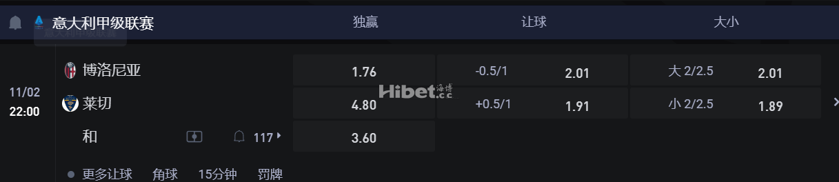 意大利甲级联赛  11/02 22:00 博洛尼亚VS 莱切