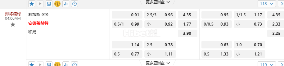 欧足联联赛04:00AM 利加斯 (中) 安德莱赫特