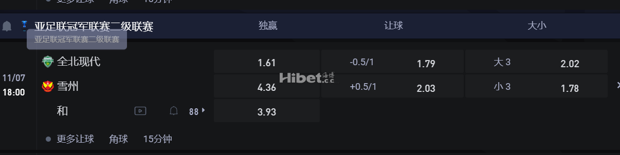 亚足联冠军联赛二级联赛  11/07 18:00 全北现代VS 雪州