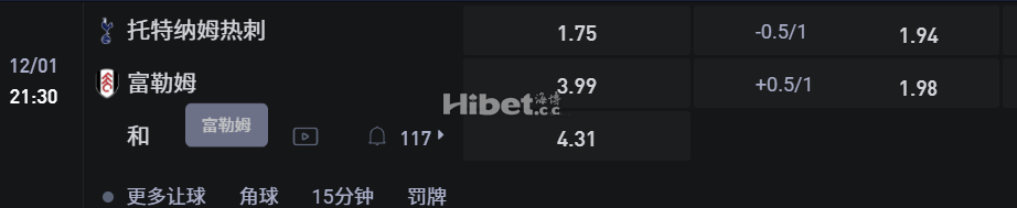 英格兰超级联赛   12/01  21:30  托特纳姆热刺  V S 富勒姆