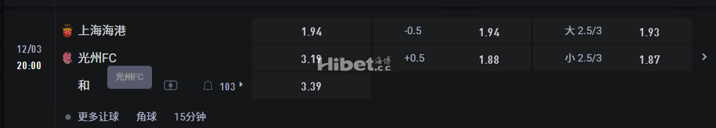 亚足联冠军精英联赛12/03  20:00  上海海港   V S 光州FC